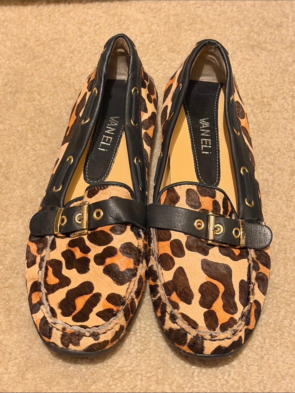 Vaneli Leopard Print Loafers with Black Trim & Gold Buckle New SZ 8